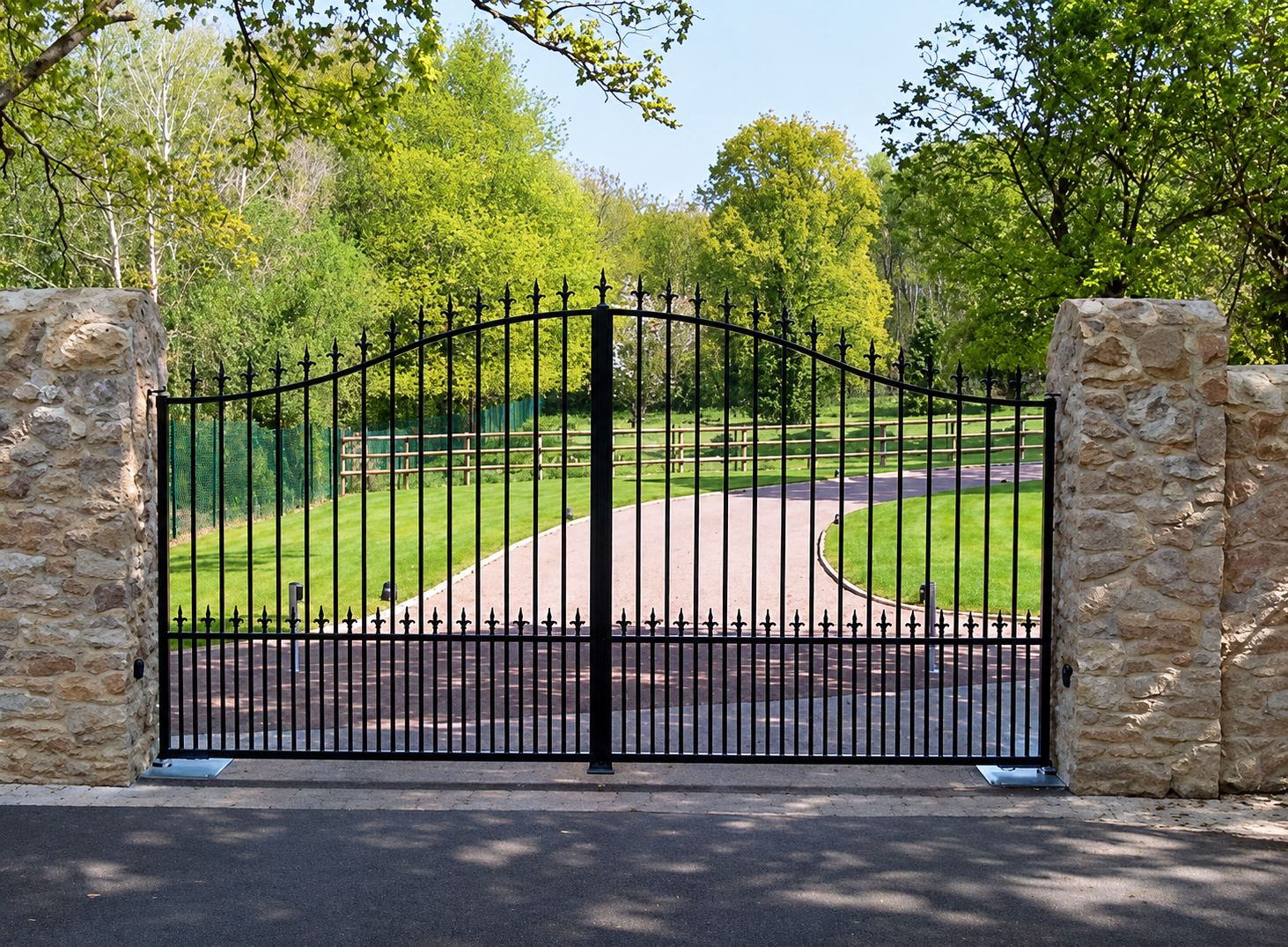 Un grand portail en fer forgé noir à deux battants, encadré de piliers en pierre, ouvre sur une allée gravillonnée bordée de pelouse et d'arbres.