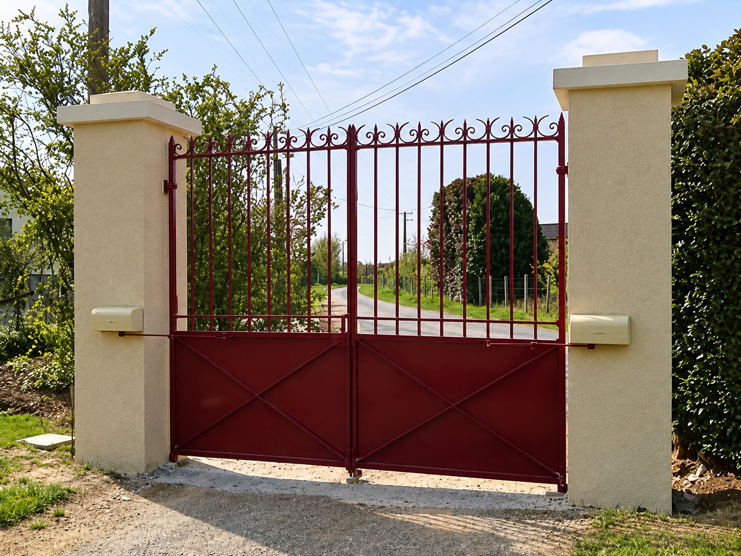 Un portail en fer forgé rouge bordeaux, fermé, encadré par deux piliers beiges crépis, avec une route de campagne visible derrière.